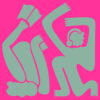 A graphic with two abstract green figures on a pink background. One figure is holding a book, the other is wearing headphones.