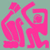 A graphic with two abstract pink figures on a green background. One figure is holding a book, the other is wearing headphones.