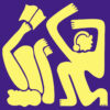 A graphic with two abstract yellow figures on a dark purple background. One figure is holding a book, the other is wearing headphones.