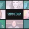 Dies ist eine Collage mit 8 Porträts von Menschen und einem Bild in der Mitte mit blauem Text "Cyber Attack: Digitale Kunst und Aktivismus" auf dem schwarzen Hintergrund.