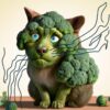Eine hellbraune Katze mit blauen Augen, an ihrem Körper Brokkoli. Grüne Schnurrhaare wurden ihr an die Schnauze gemalt