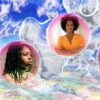 In a graphically designed world in pastel colours, wisps of clouds and waves of soap bubbles billow. Four pink-edged bubbles, each with a portrait photo of a woman, float inside.