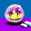 Eine Kristallkugel mit Palmen, Strand und Meer auf einem blau / lila Hintergrund und zwei hellblauen Tabletten im Vordergrund.