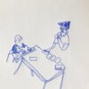A wonky drawing in blue pen on white paper: two male figures at a table. The one on the left is bald, sitting on a chair and playing the keyboard. The one on the right is standing, wearing a triangular hat and looking at small cards.