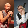 A photo collage with Jan Plewka, white man with bald head and short beard, singing into a microphone with raised eyebrows, Rocko Schamoni, white man with gray hair, tenderly hugging a red guitar, and a book cover.