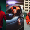 Photo collage: Dreya Mac against green background, wearing black sunglasses, red jacket and grills, Alice posing casually in a car and Fo Sho, all in cool streetwear group in front of a skyscraper.