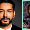 A young man with a short black beard and hair smiles gently into the camera against a dark grey background. The book cover of the reading is superimposed next to the photo, with the same photo on it, his face framed by drawn purple lines.