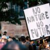A white protest sign with the black inscription "No Nature No Future" is emblazoned above the heads of a demonstrating crowd.