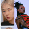 A photo collage: On the left, a passport photo of a serious-looking Asian woman with blonde straight hair and a black top. Right: A Black woman lying on the floor with long black twists in a red shirt and fishnet tights.