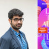 Mohamed Amjahid stands sideways to the camera and smiles slightly. He is wearing a blue blazer, a blue patterned shirt, dark square glasses, short black hair and beard. His book cover in purple, blue and pink is added to the right of the photo.