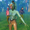 In a digitally animated forest, 7 cyborgs with female body shapes stand scattered around. They have brown torsos and green legs as well as pigtails tied up.