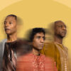 A blurred group photo of three black men against a yellow background. They are looking seriously in different directions.