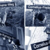 Four black and white photos of two Black women happily holding up street signs with the names Louisa-Kamana-Weg and Cornelius-Fredericks-Stieg. They are standing in front of permanently installed street signs with the names Woermannsweg and Woermannsstieg