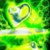 A graphic with neon green glowing shimmering hearts flying through a moss green landscape. On each of the hearts is a little banner with a smaller heart and tribal tattoo motif.