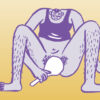 A friendly purple drawing on an orange background of a person with short hair smiling and looking at her genitals with a hand mirror. The person is wearing a short shirt and has hairy legs.