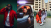 Foto-Collage: Dreya Mac vor grünem Hintergrund, trägt eine schwarze Sonnenbrille, eine rote Jacke und Grills, Älice posiert lässig in einem Auto und Fo Sho, drei Frauen in cooler Streetwear, gruppieren sich vor einem Hochhaus.