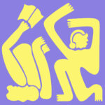 A graphic with two abstract yellow figures on a purple background. One figure is holding a book, the other is wearing headphones.