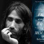 A black and white photo of a sad looking man with long dark hair resting his chin on his hand against a black background. Next to the photo, the book cover of the reading is superimposed, with the man's face in blue.