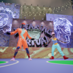 Auf dem Bild ist ein virtueller/künstlicher Raum erschaffen, davor stehen durch den Computer generierte Personen. Der Raum ist lila und im Hintergrund ist sowohl Graffiti als auch Streetart zu sehen.