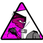 An illustration of a purple figure with a white headscarf held together with a safety pin under the chin. The figure wears a black glove and holds a dripping tattoo machine.