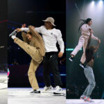 Photo collage of a dance battle. Four situations with dancers of different styles in dynamic movements.