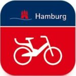 Das StadtRAD Hamburg Logo: Ein weißes Fahrradsymbol auf rotem Hintergrund.