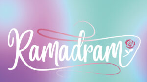 A purple-green-blue blurred background. Ramadram is written in curved script. On the right an illustrated red rose