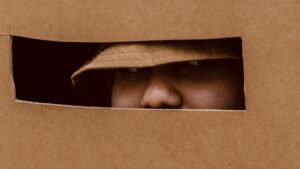A cheeky face peers out of a narrow slit in a cardboard box. Only the nose is really visible, the eyes are covered by a brown cap peak and lie in the shadows.