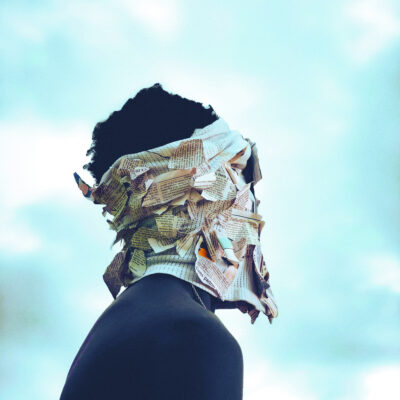 Nordwind Festival main motif. A person is shown in profile with a newspaper wrapped around their head.