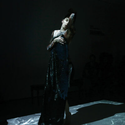 A person in a dark, shimmering dress on stage.