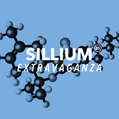 Eine Molekül-Grafik auf blauem Hintergrund. Darauf in weiß "SILLIUM EXTRAVAGANZA"