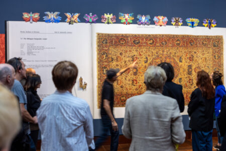 A group is looking at the large printout of an unfolded book page on the wall in front of them, a landscape golden carpet can be seen. Butterflies are pinned to the top edge. A person stands in front of it explaining.