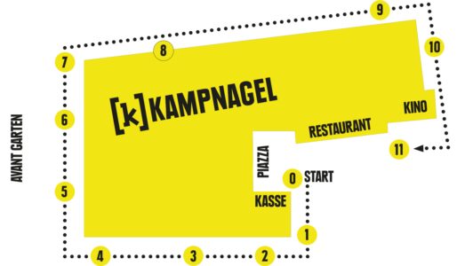 A yellow map with the markers of the [k] to go app.
