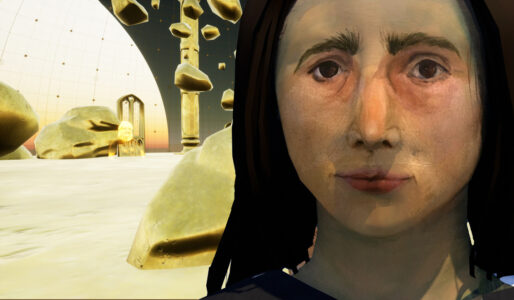 A digital drawing of a woman with long dark hair looking sad. In the background float stones.