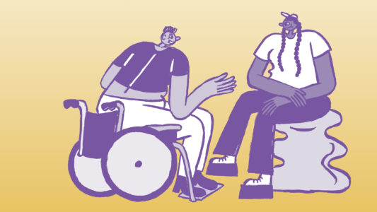 A purple drawing on an orange background of two smiling people sitting on the floor. The left person kneels and holds the outstretched foot of the right person on their lap.