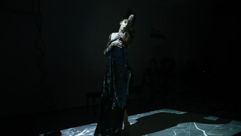 A person in a dark, shimmering dress on stage.